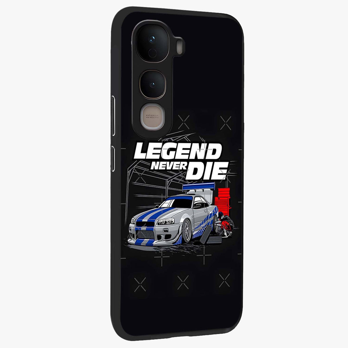 Midnight Racing Legacy Glass Case upright view showcasing powerful racing artwork with modern sports theme.
