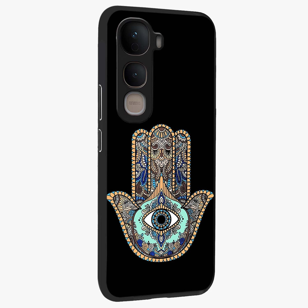 Mystic Hamsa Eye Glass Case upright view showcasing detailed hamsa eye artwork with protective spiritual theme.