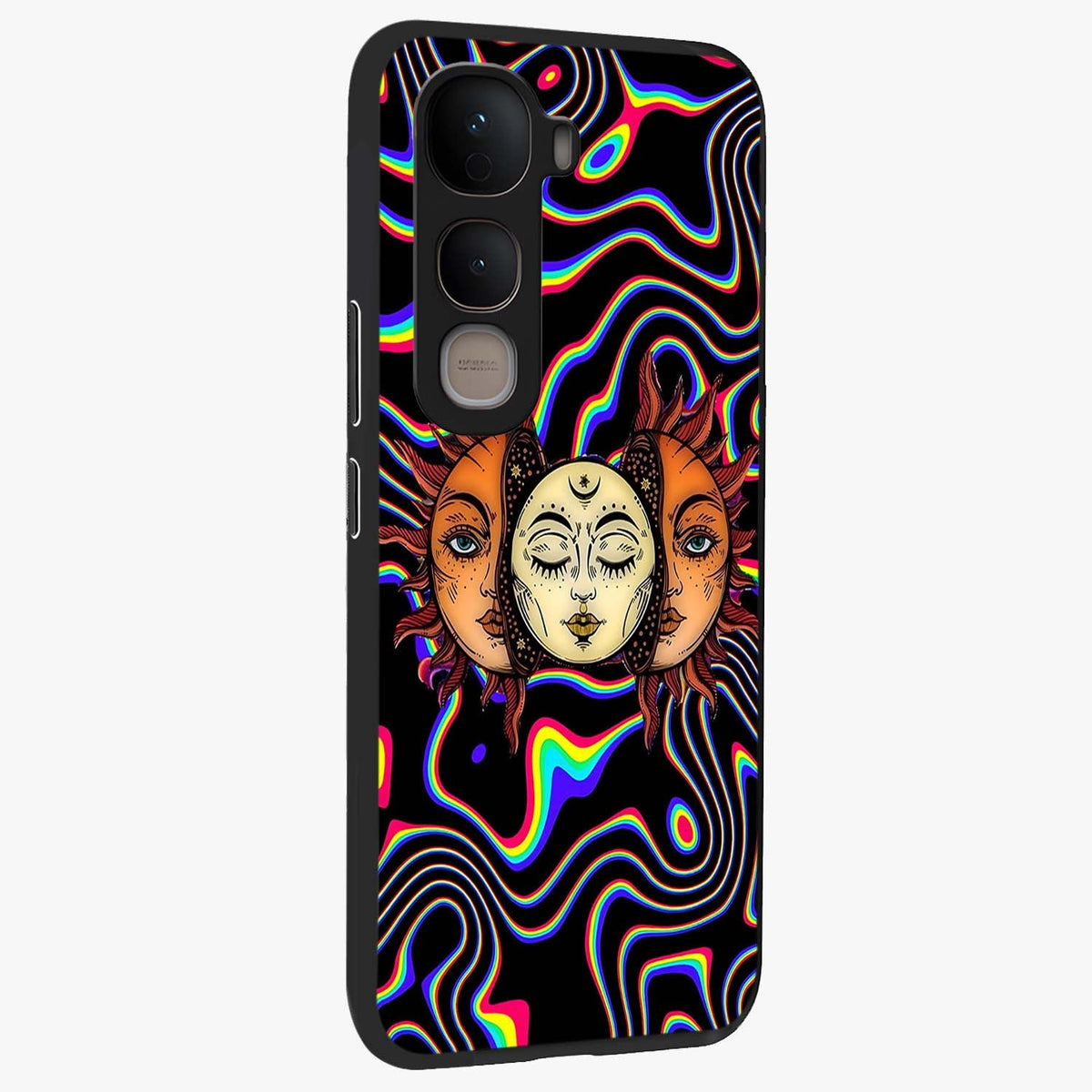 Psychedelic Sun Glass Case upright view showcasing trippy sun artwork with bold psychedelic theme.