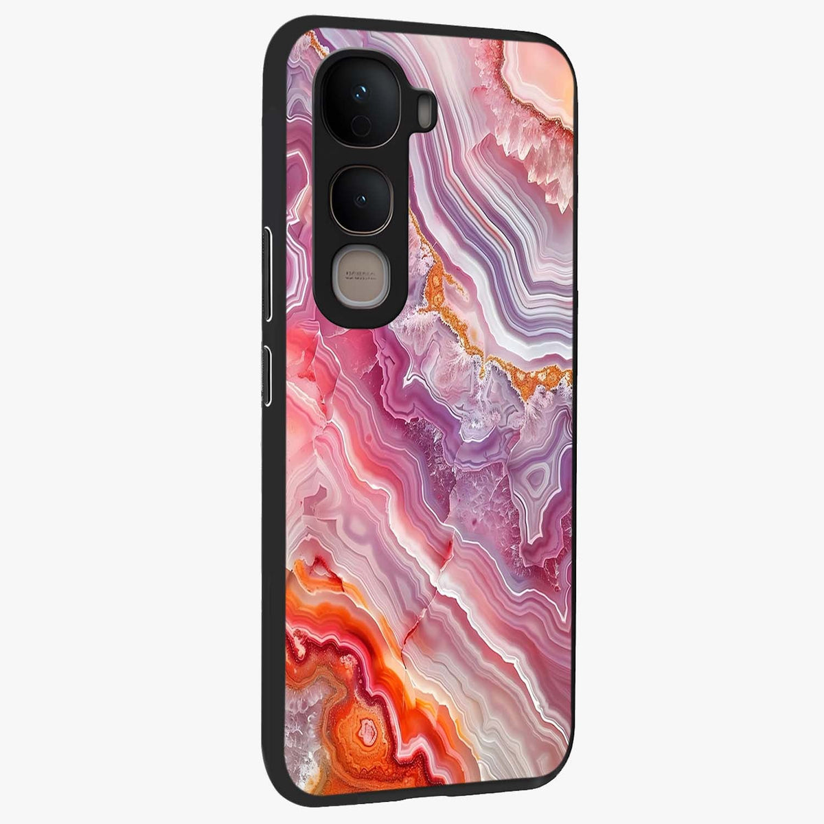 Rose Quartz Marble Glass Case upright view showcasing decorative marble artwork with luxurious pastel theme.
