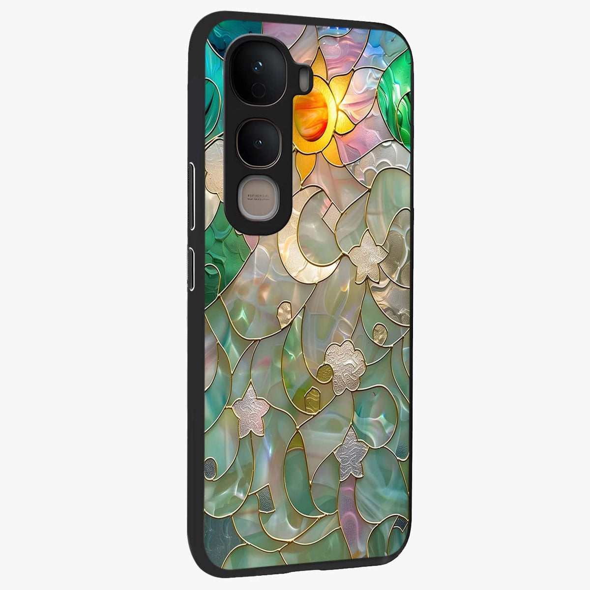Stained Sunrise Glow Glass Case upright view showcasing colorful sunrise artwork with warm morning theme.