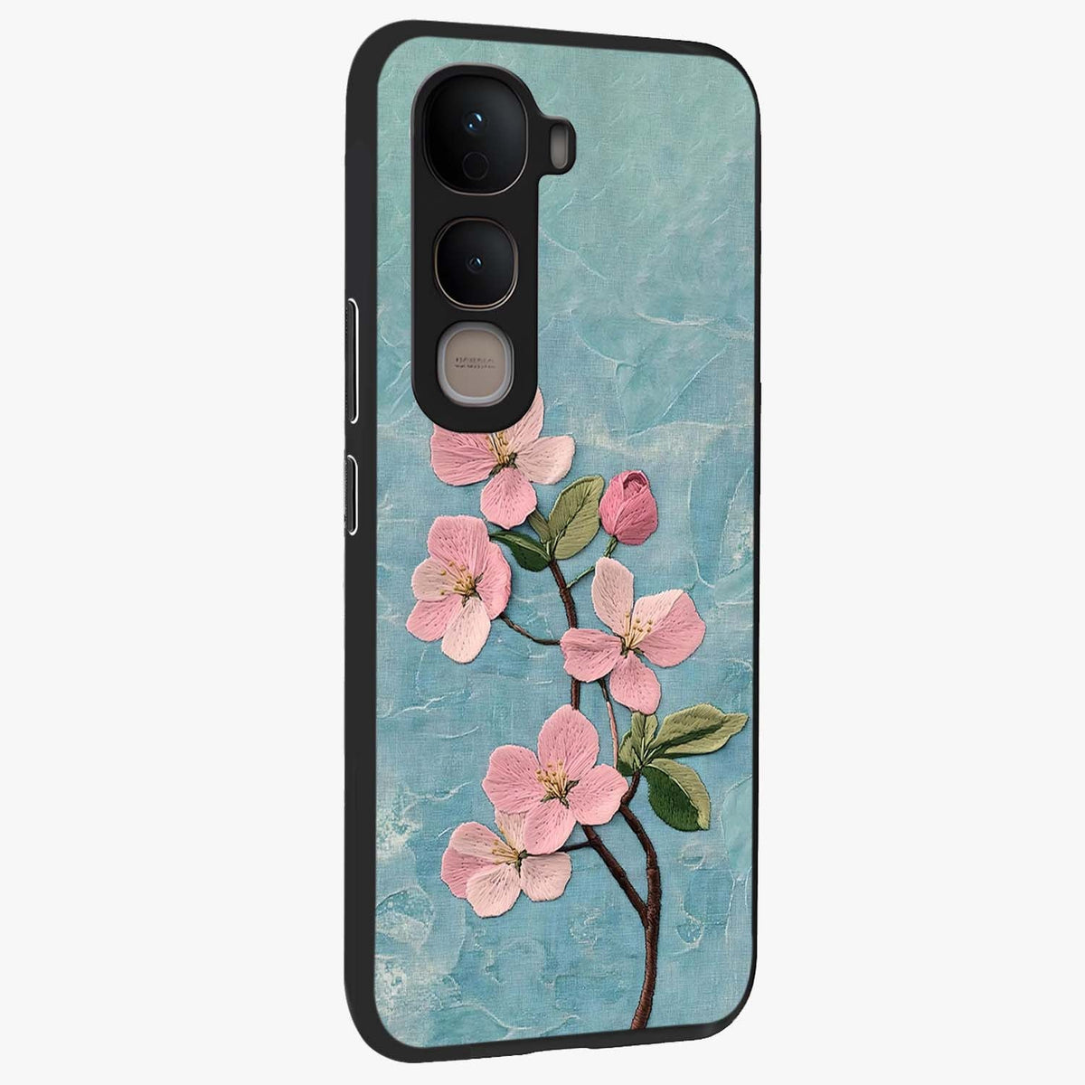 Threaded Blossom Breeze Glass Case upright view showcasing graceful flower artwork with calm botanical theme.