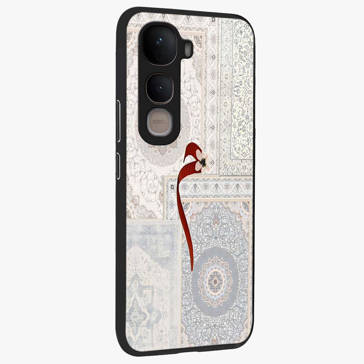 White Aesthetic Bow Glass Case upright view showcasing delicate ribbon bow artwork with cute minimalist theme.