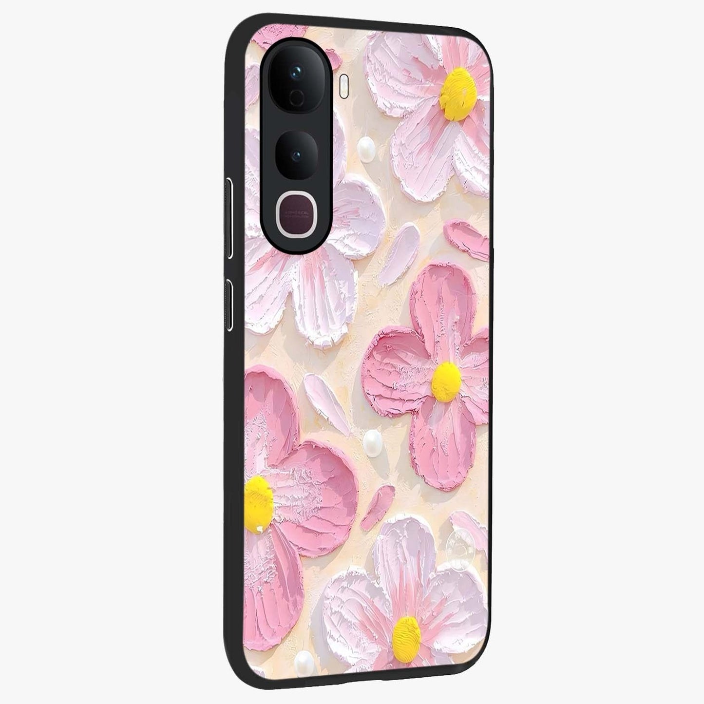 Blush Bloom Texture Glass Case upright view showcasing delicate blush floral texture with modern minimal style.