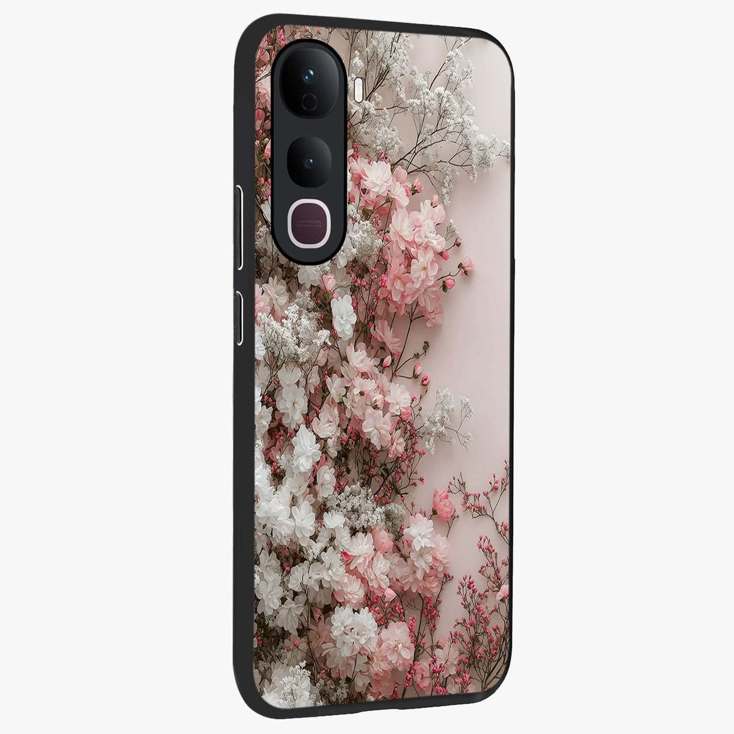 Blush Blossom Cloud Glass Case upright view showcasing calm floral cloud artwork with gentle dreamy theme.