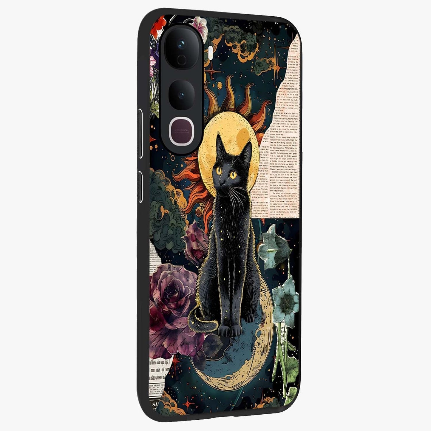 Celestial Black Cat Glass Case upright view showcasing magical black cat illustration with starry cosmic theme.
