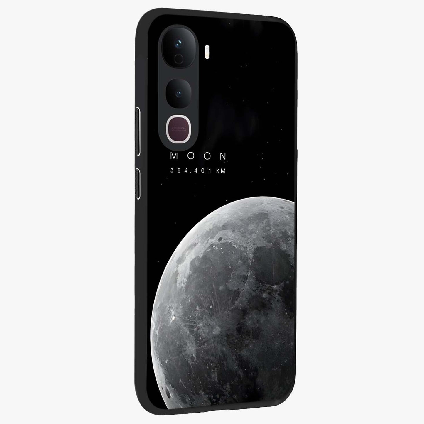 Cosmic Moon Glow Glass Case upright view showcasing luminous moon illustration with dreamy cosmic style.