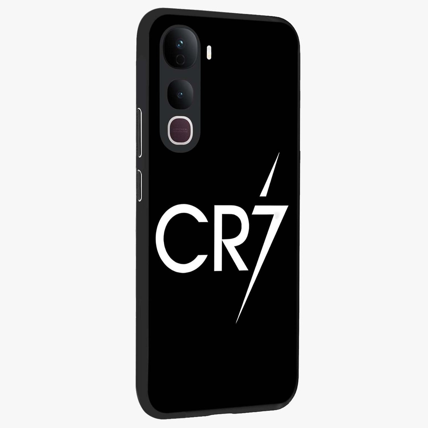 Cr7 Elite Strike Glass Case upright view showcasing energetic football inspired design with modern sports aesthetic.