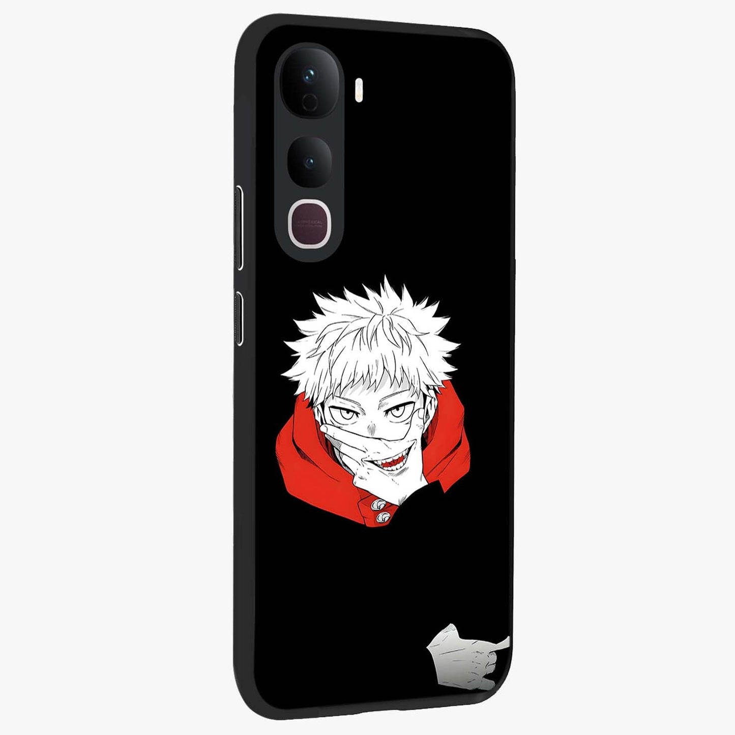 Crimson Chaos Smile Glass Case upright view showcasing expressive chaotic artwork with striking visual theme.