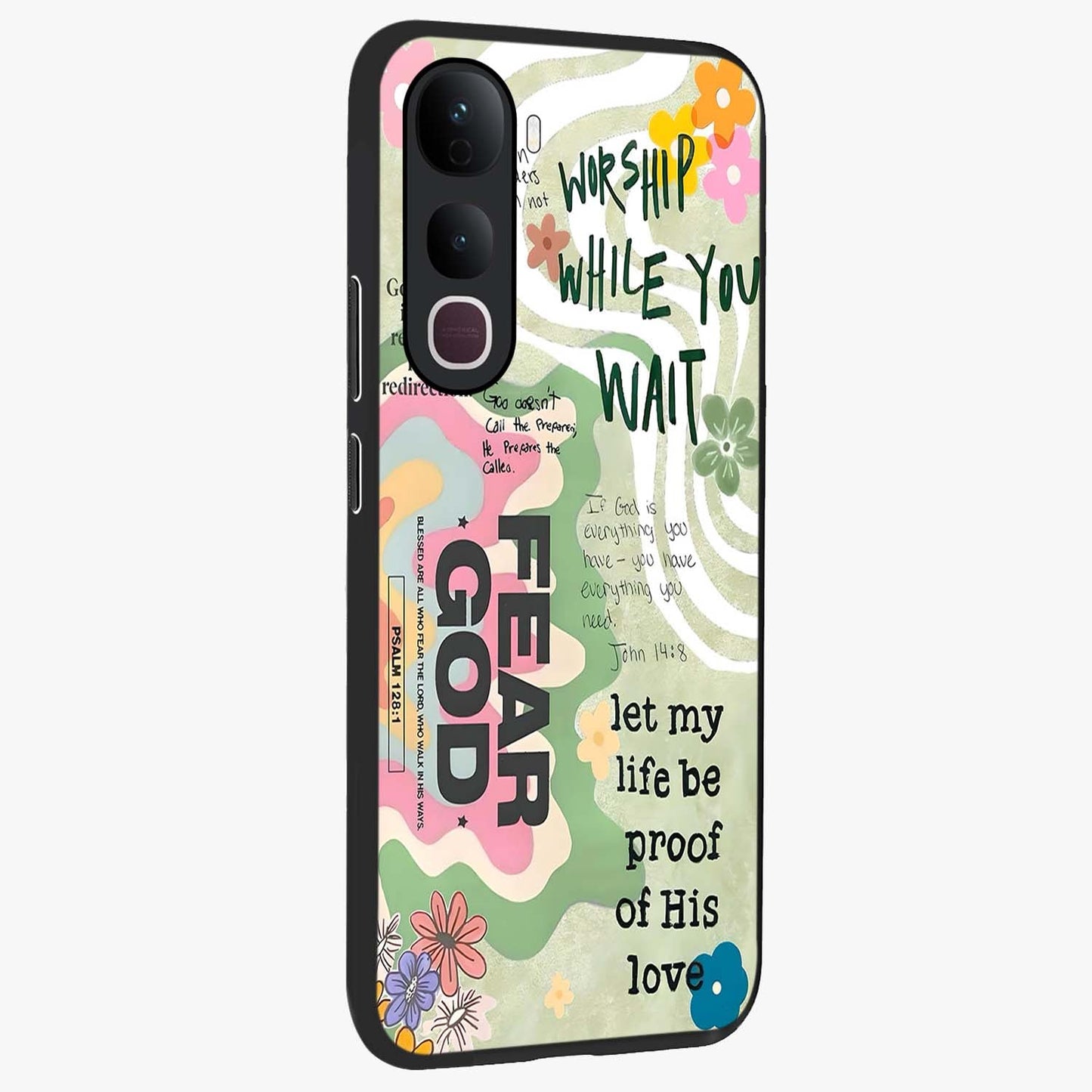 Faith Over Fear Glass Case upright view showcasing bold typography artwork with uplifting motivational theme.