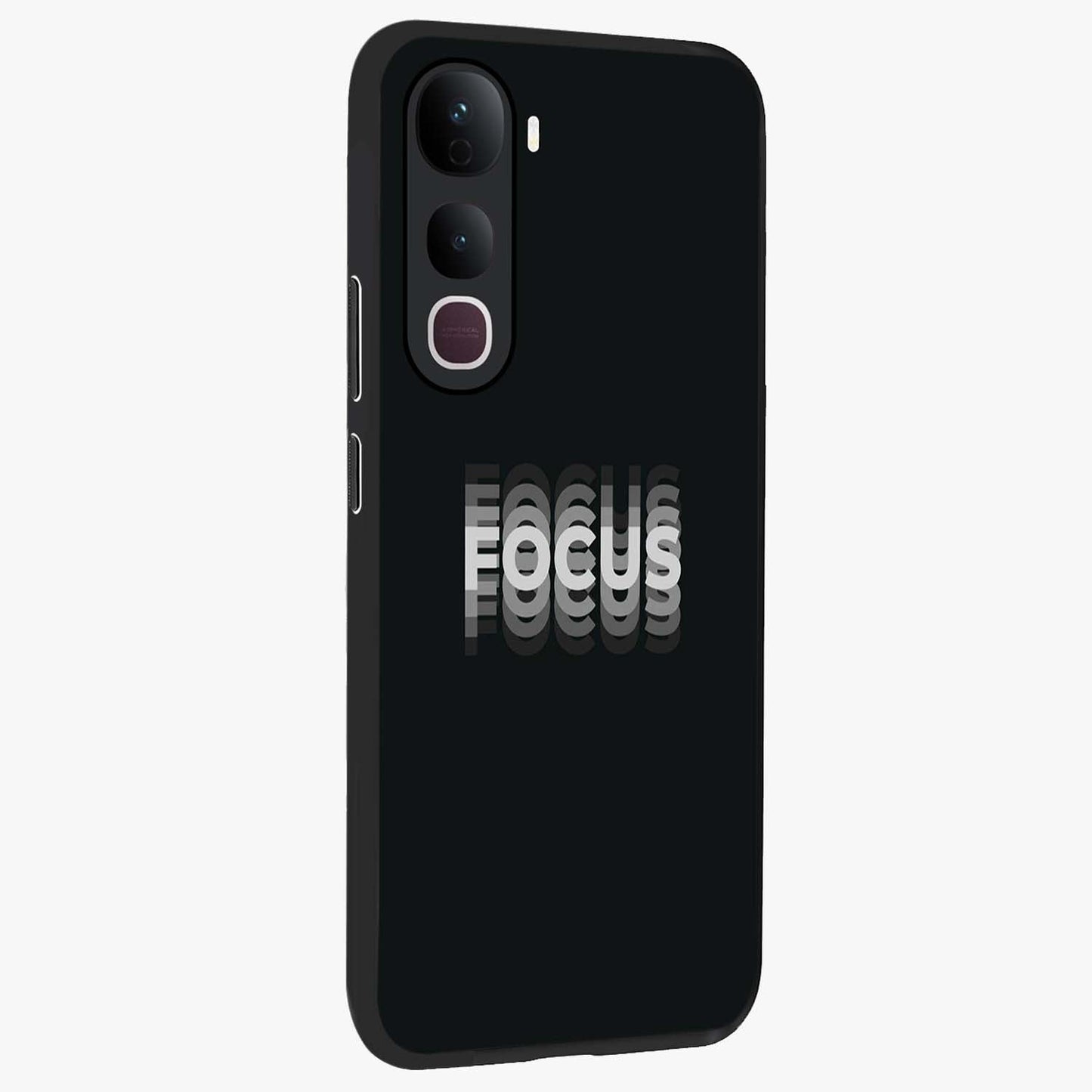 Focus Mode On Glass Case upright view showcasing strong typography statement with sleek motivational theme.