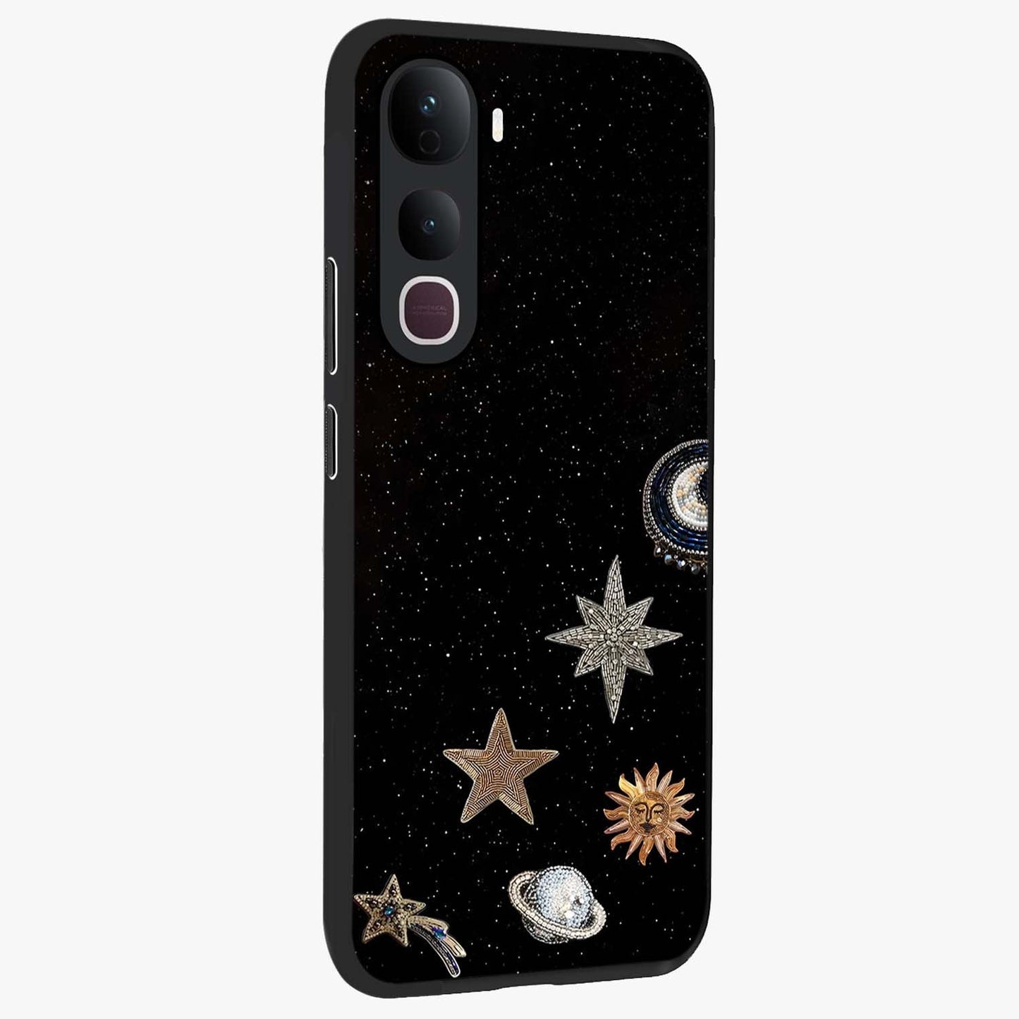 Galactic Charm Glow Glass Case upright view showcasing glowing cosmic charm artwork with magical celestial style.