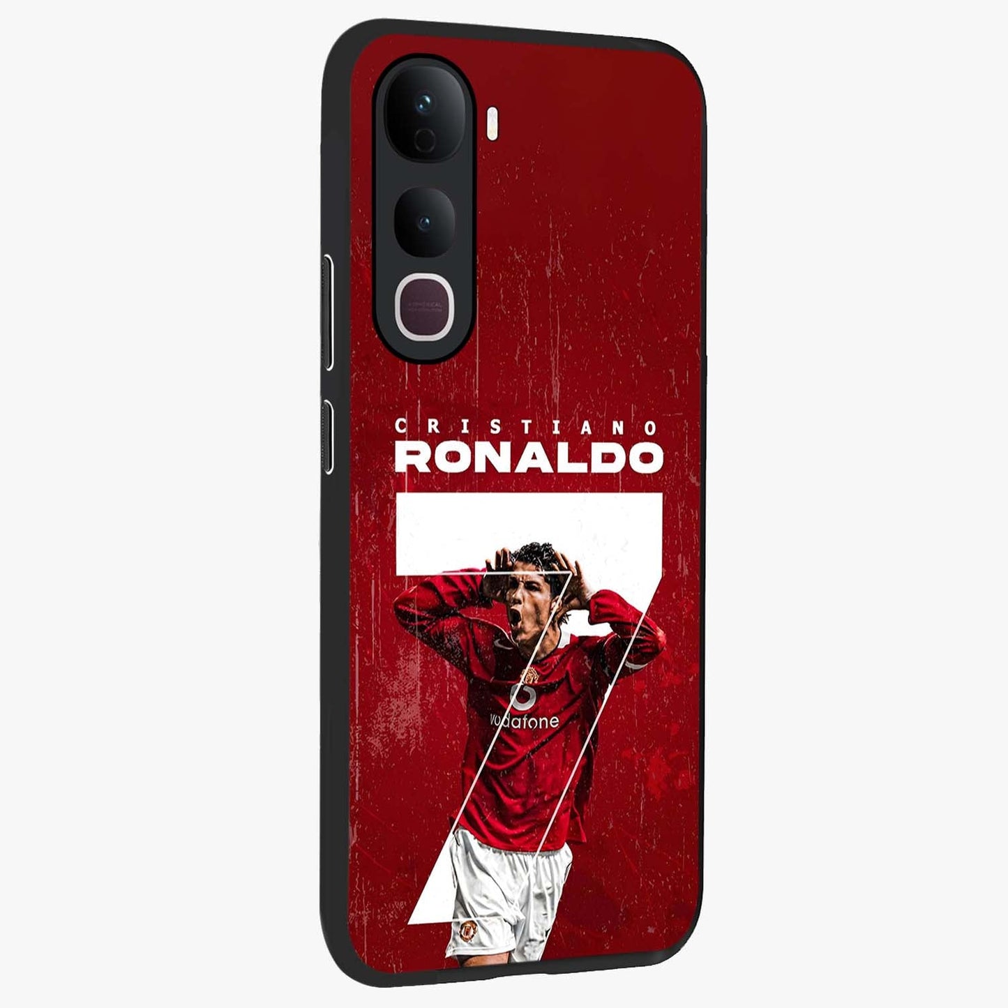 Goal Celebration Legacy Glass Case upright view showcasing dynamic football inspired artwork with victory celebration aesthetic.