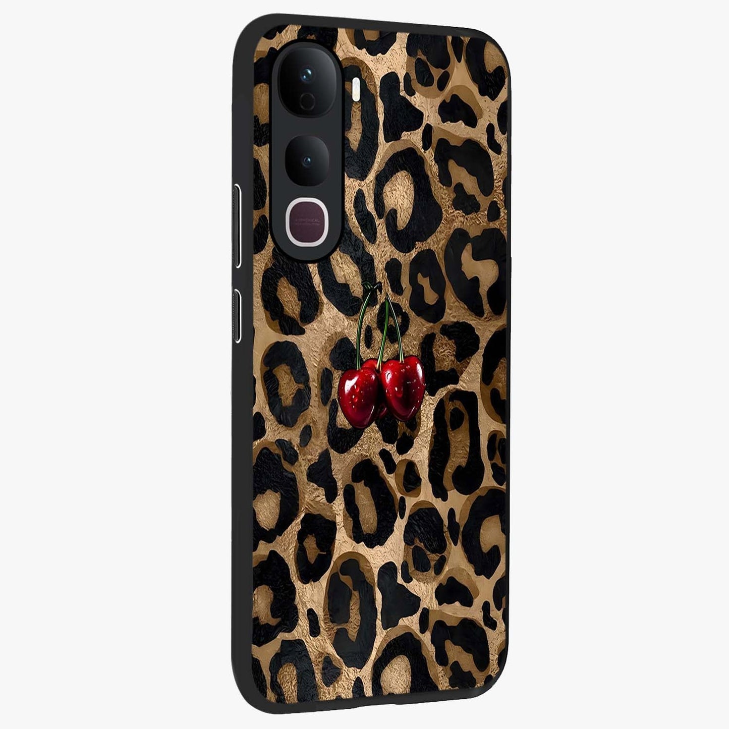Leopard Wild Cherry Glass Case upright view showcasing stylish leopard pattern artwork with trendy fashion theme.