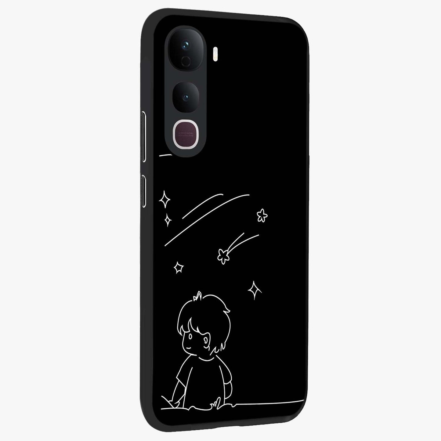 Line Art Boy With Shooting Stars Glass Case upright view showcasing artistic shooting star illustration with minimal style.