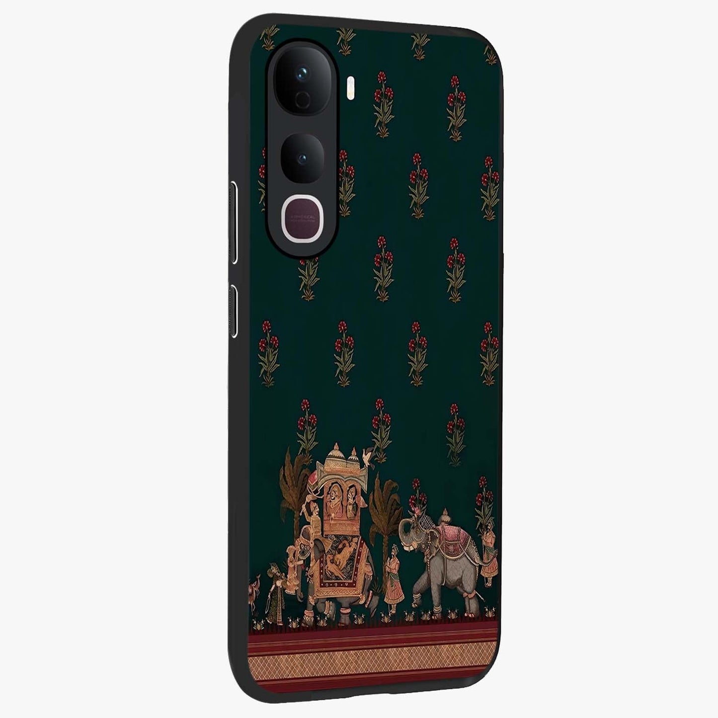Macmerise Glass Case upright view showcasing bold artistic artwork with contemporary design theme.