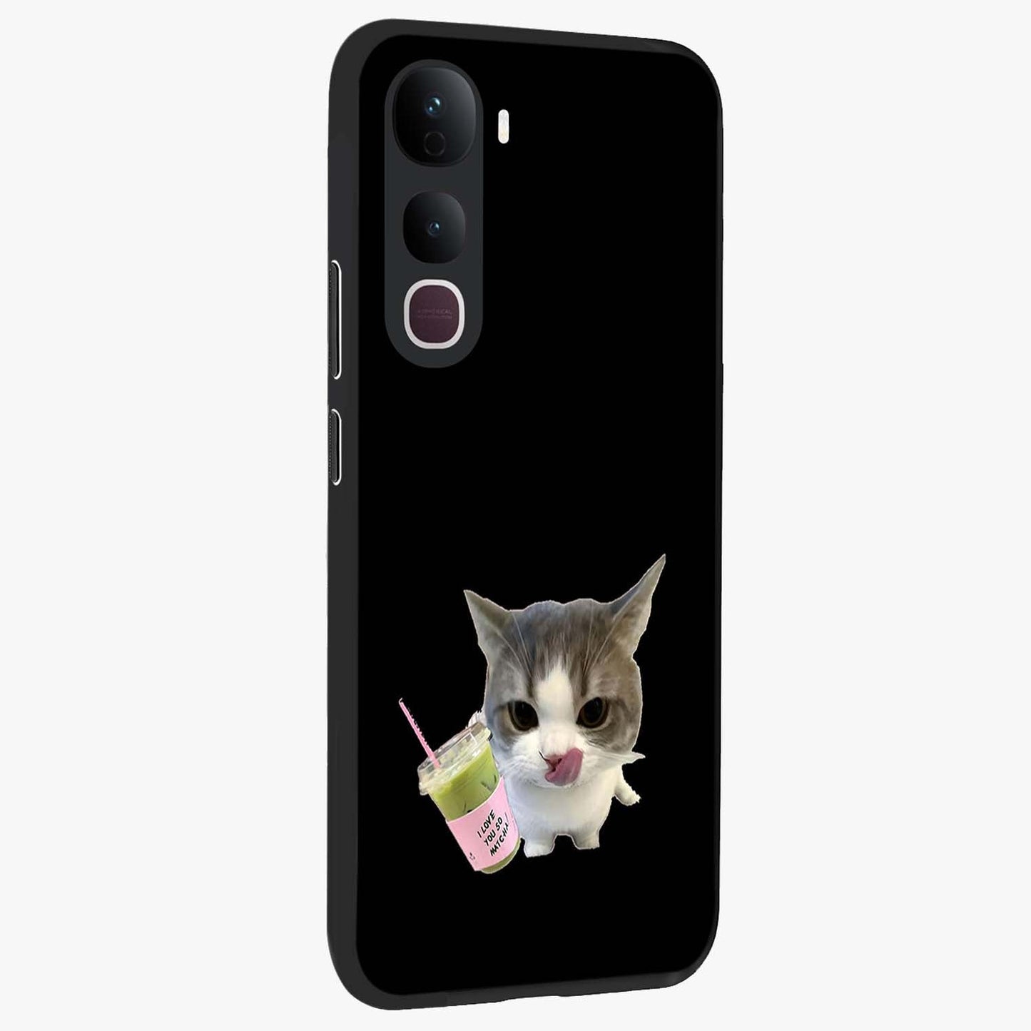Matcha Cat Style Glass Case upright view showcasing charming cat artwork with cozy aesthetic theme.