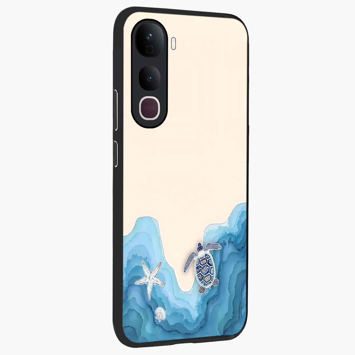 Ocean Drift Turtle Glass Case upright view showcasing calm underwater turtle artwork with nature inspired theme.