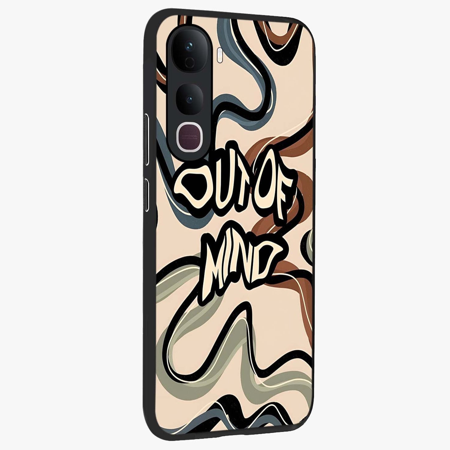 Out Of Mind Glass Case upright view showcasing striking typography artwork with edgy conceptual theme.
