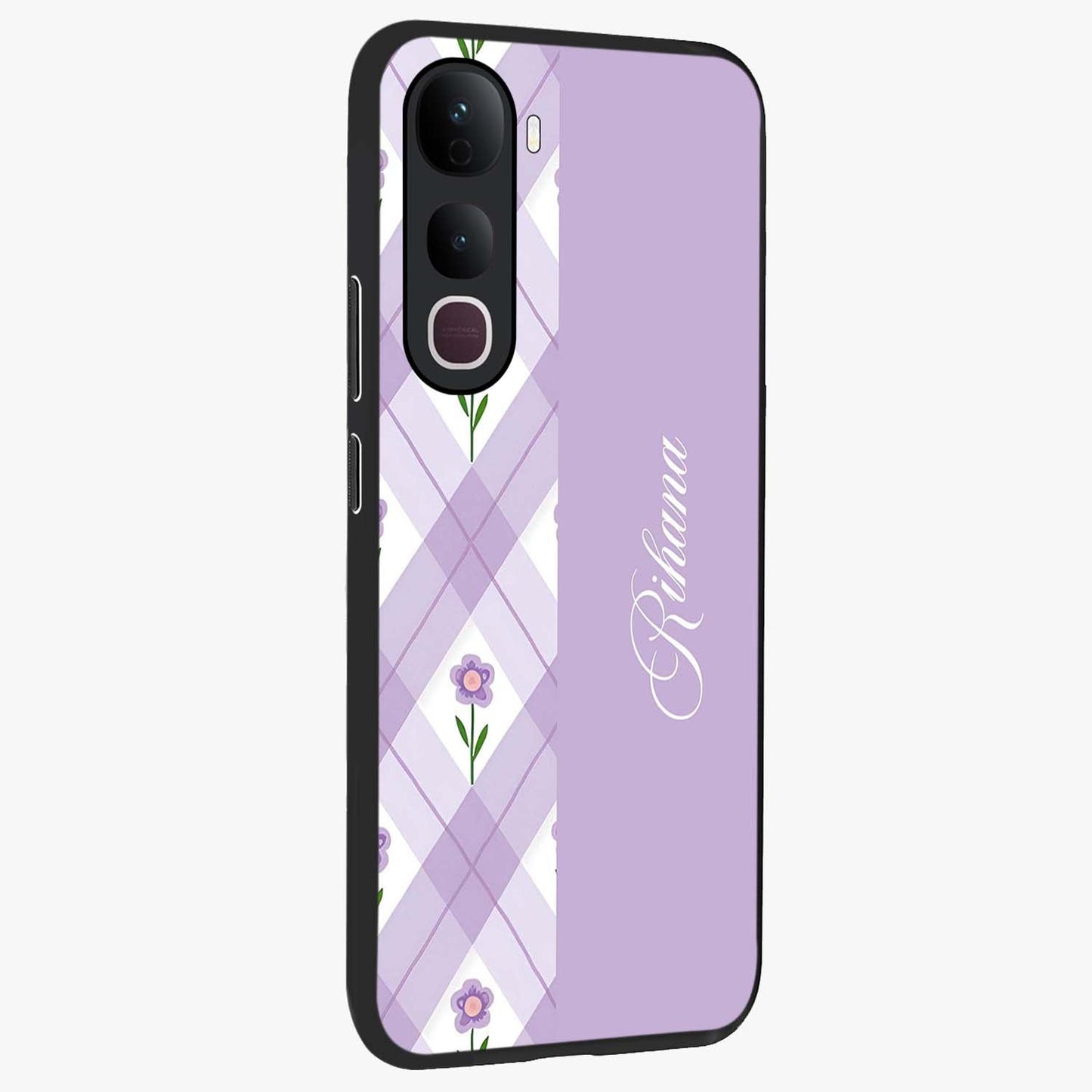 Purple Diamond Floral Glass Case upright view showcasing vibrant floral artwork with stylish geometric theme.