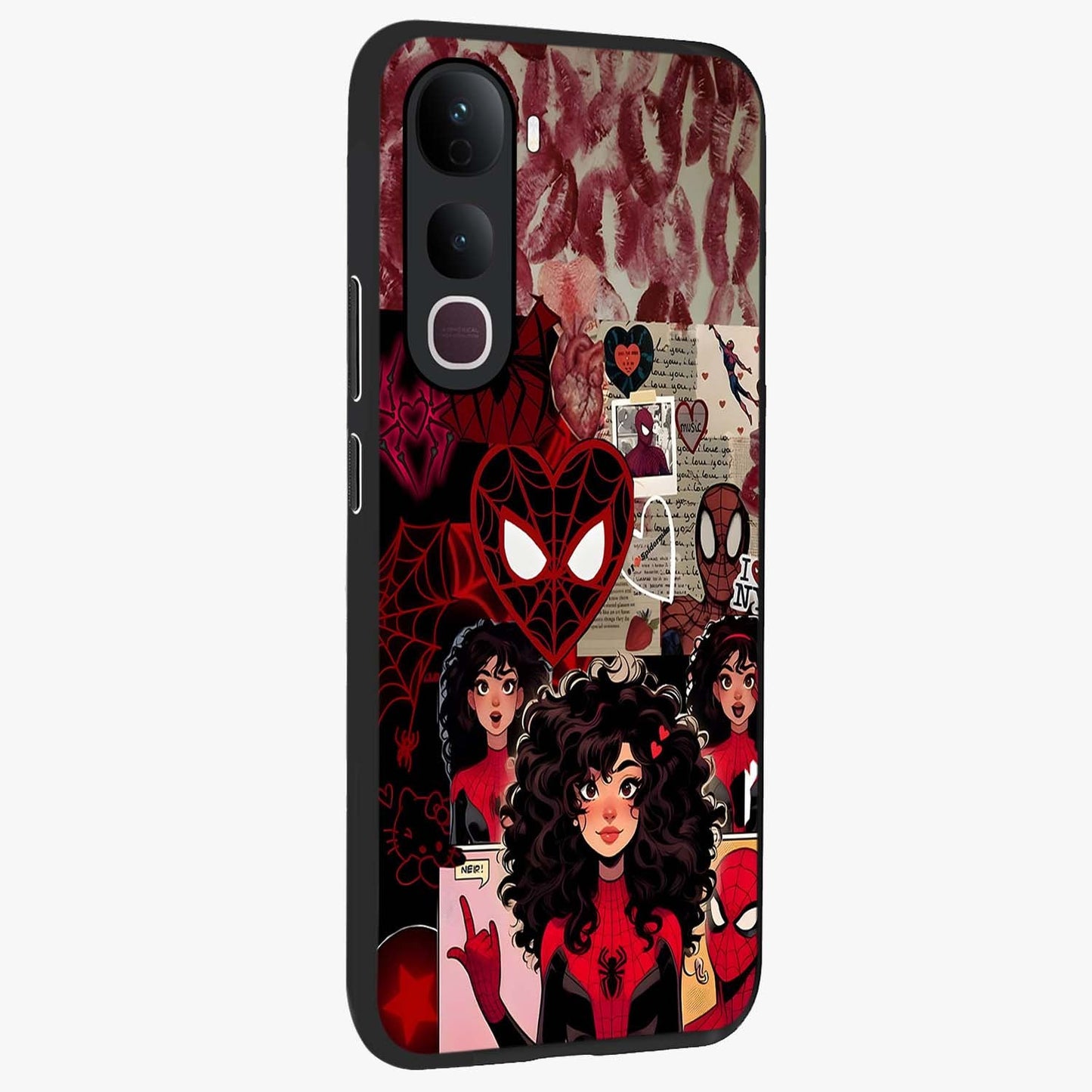 Spider Love Story Glass Case upright view showcasing charming superhero artwork with romantic comic theme.