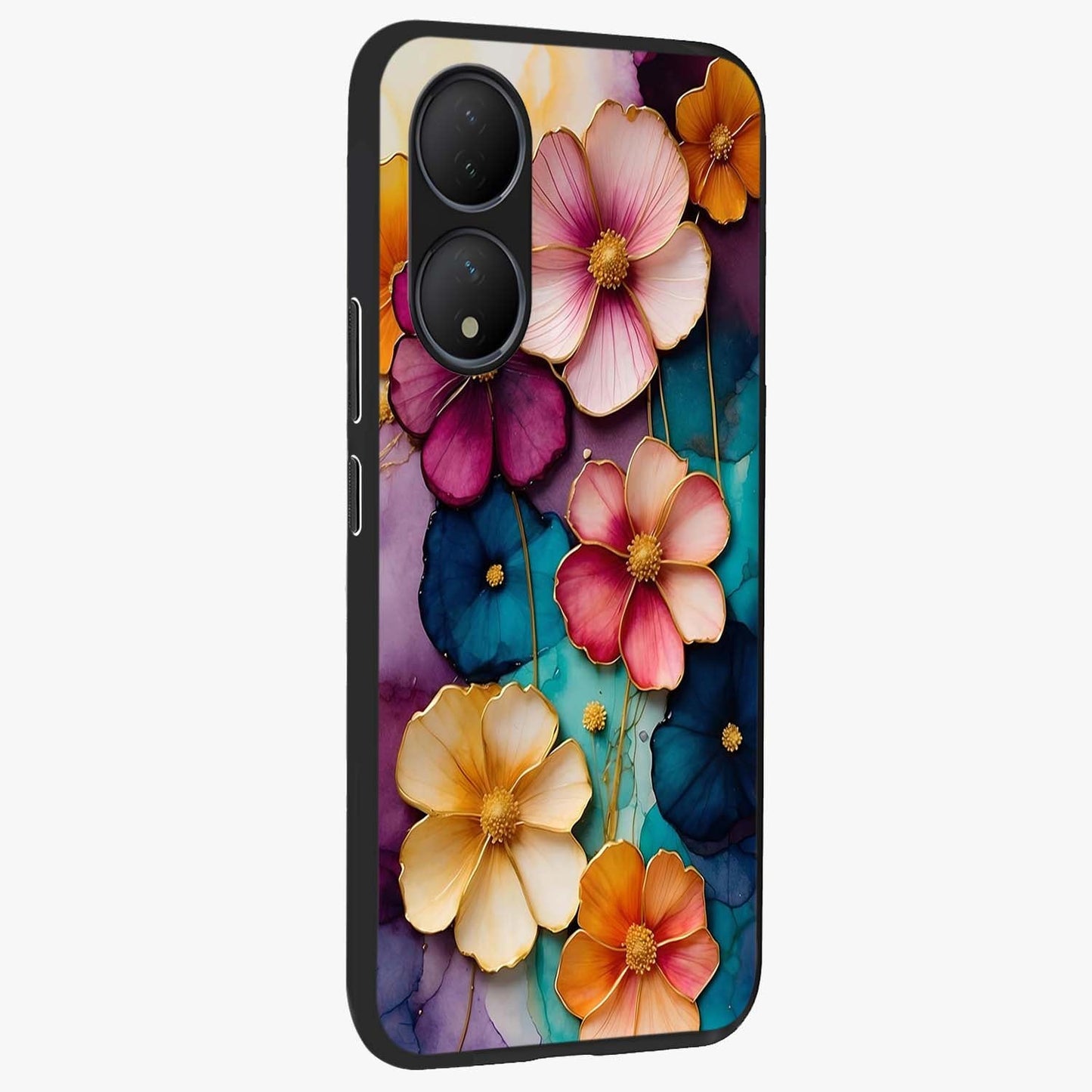 Artlyn Grace Flower Pattern Glass Case upright view showcasing graceful floral artwork with aesthetic botanical style.