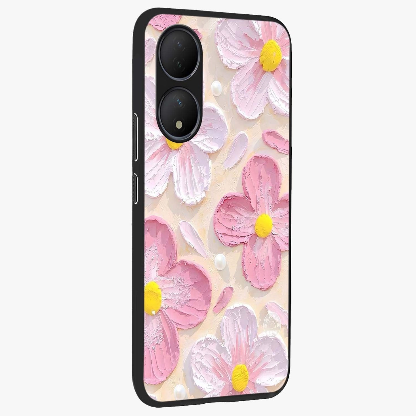 Blush Bloom Texture Glass Case upright view showcasing delicate blush floral texture with modern minimal style.