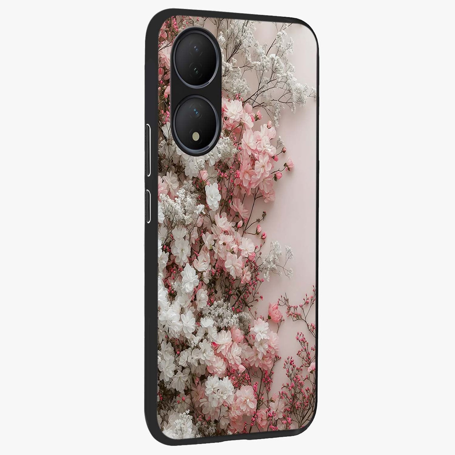 Blush Blossom Cloud Glass Case upright view showcasing calm floral cloud artwork with gentle dreamy theme.