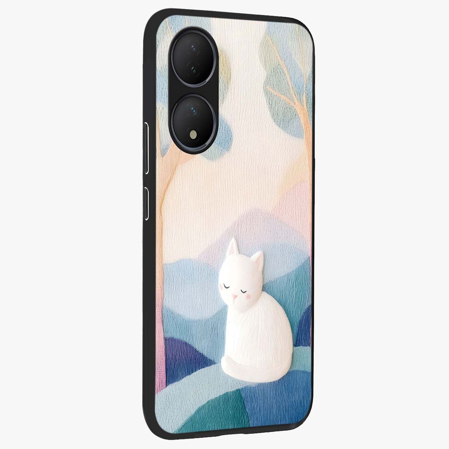 Cotton Dream Cat Glass Case upright view showcasing charming cat artwork with cozy dreamy theme.