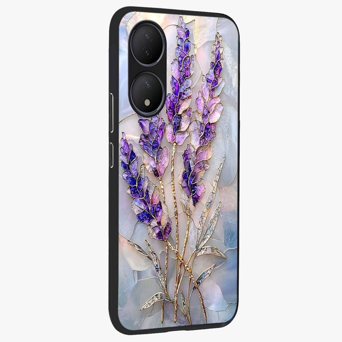 Lavender Dream Glow Glass Case upright view showcasing radiant lavender glow artwork with calming dreamy theme.