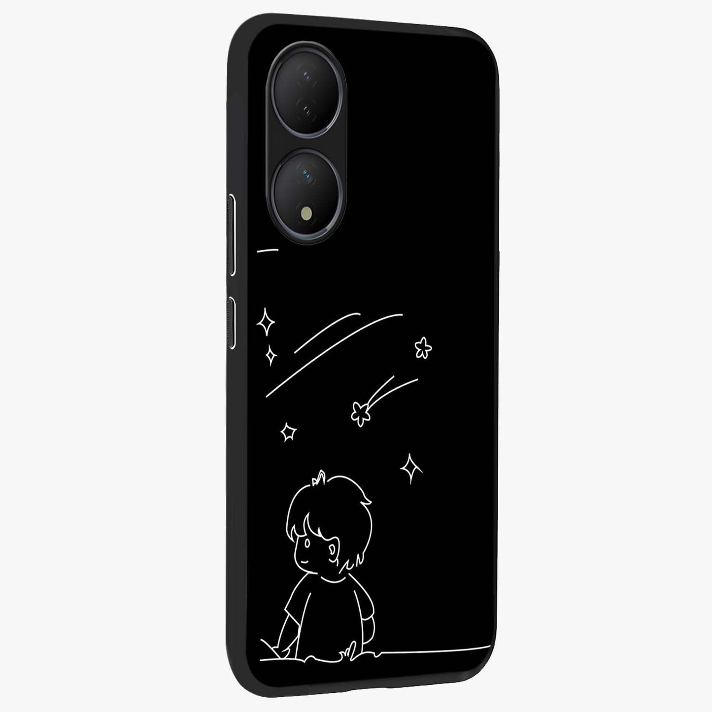 Line Art Boy With Shooting Stars Glass Case upright view showcasing artistic shooting star illustration with minimal style.