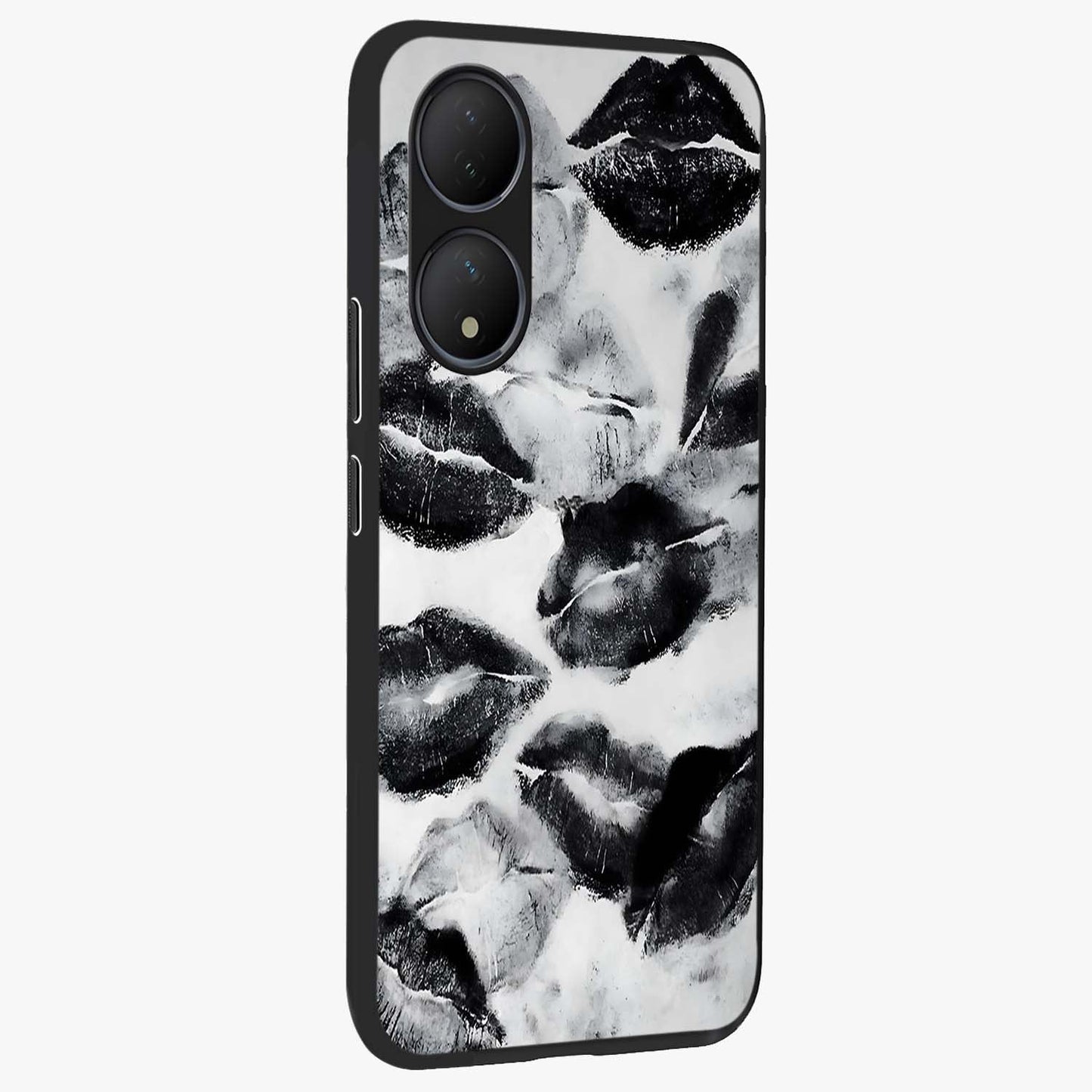 Midnight Kiss Marks Glass Case upright view showcasing stylish kiss mark artwork with trendy romantic theme.