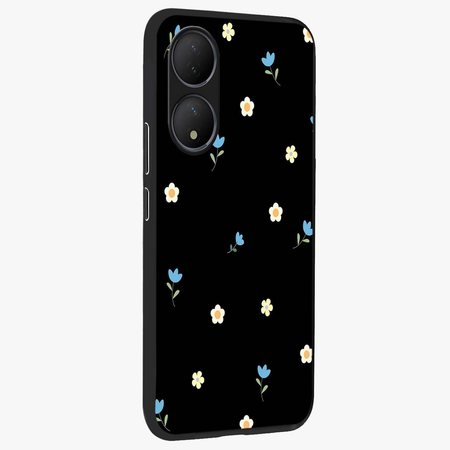 Minimal Petal Whispers Glass Case upright view showcasing elegant floral artwork with modern minimalist style.