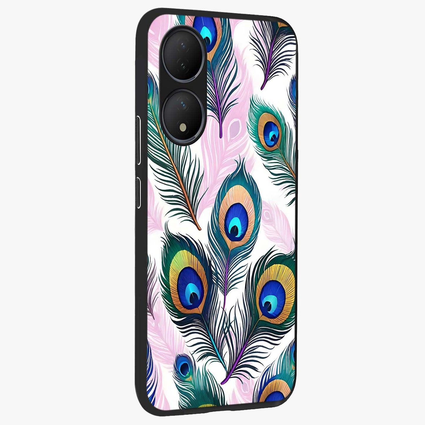 Royal Peacock Feathers Glass Case upright view showcasing elegant peacock feather artwork with decorative royal theme.