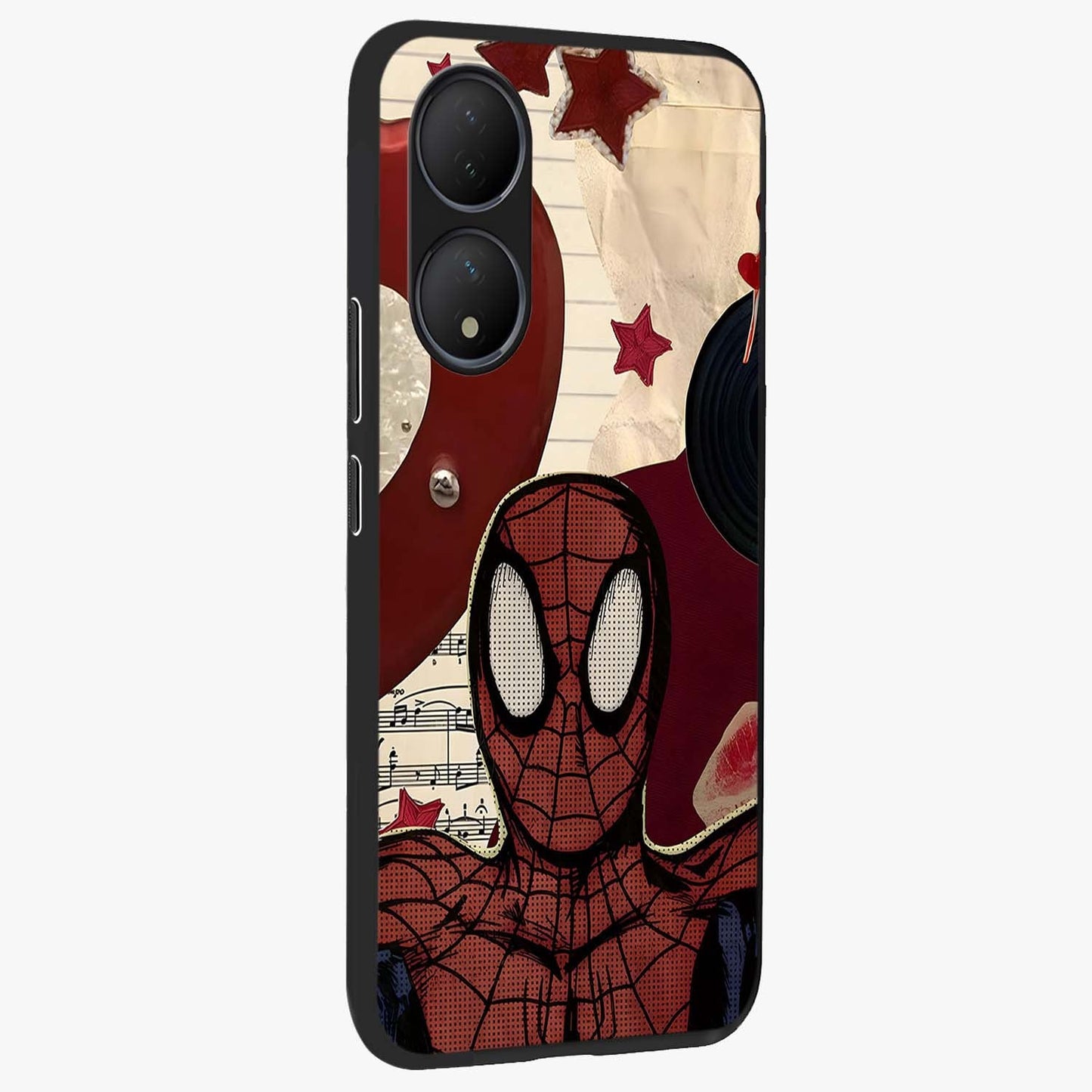 Web Warrior Vibes Glass Case upright view showcasing energetic superhero artwork with bold action theme.