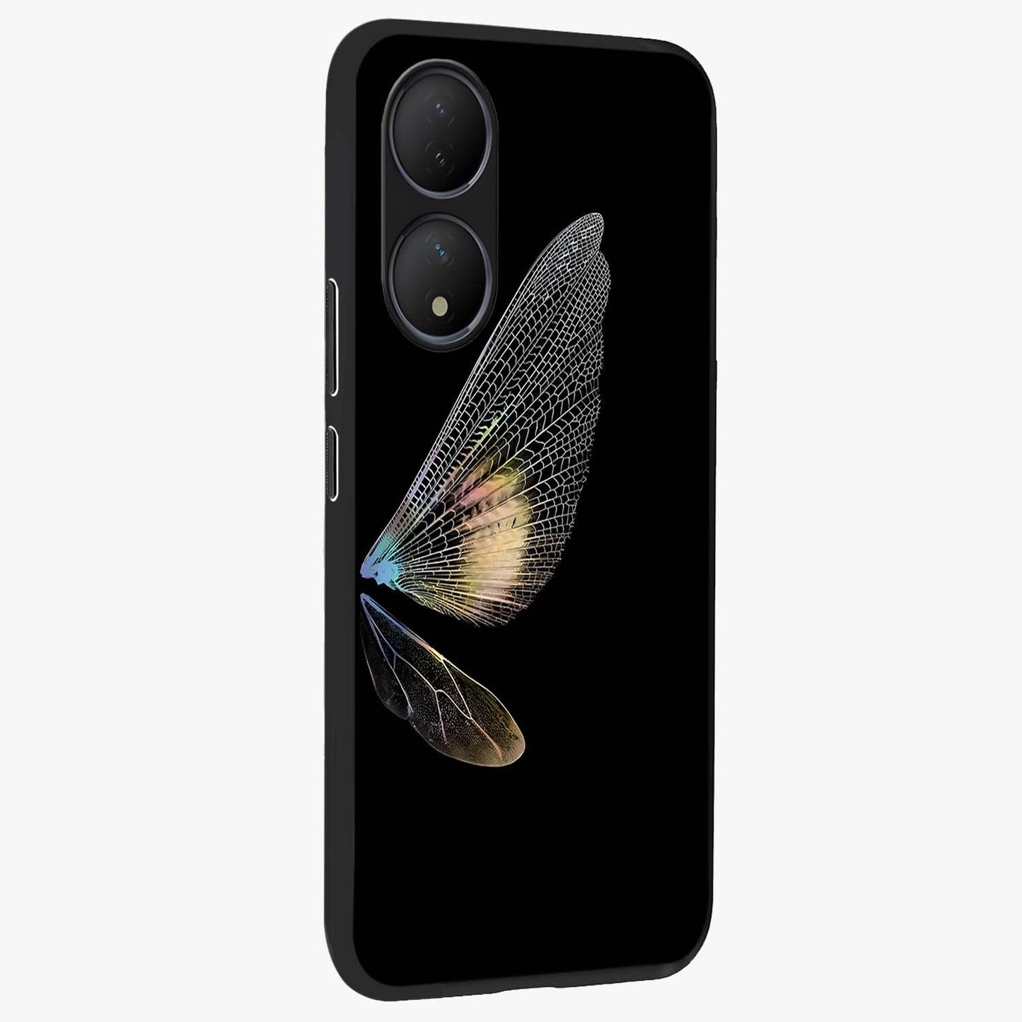 Whispers Of Wings Glass Case upright view showcasing elegant wing artwork with light airy theme.
