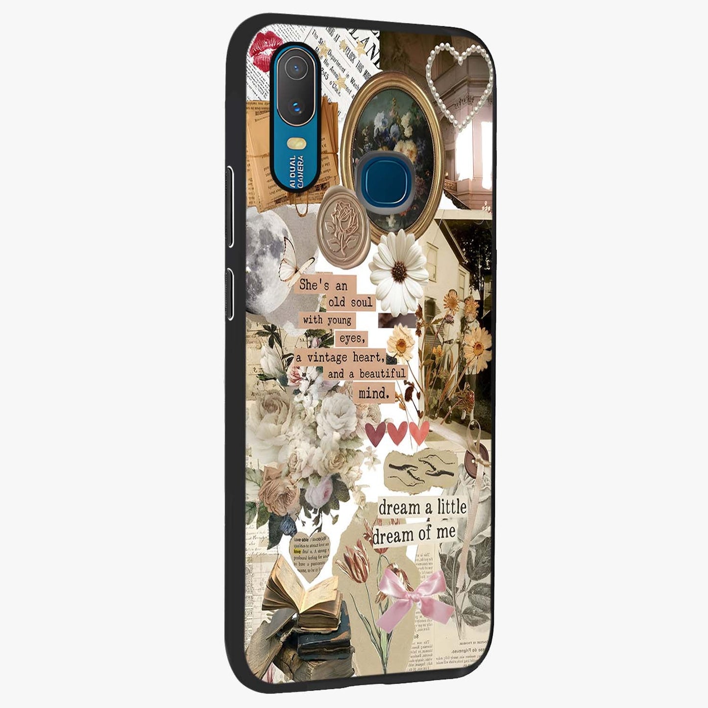 Aesthetic Brown Vintage Collage Glass Case upright view showcasing nostalgic retro artwork with stylish vintage theme.