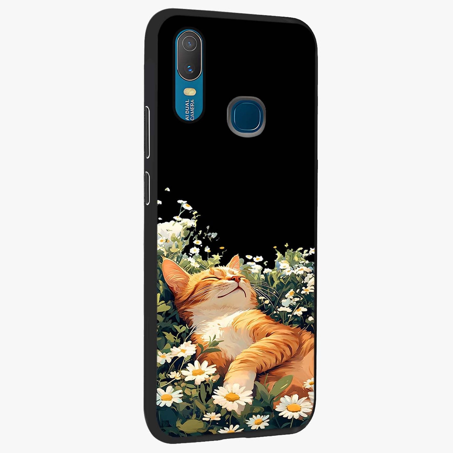 Blissful Bloom Cat Glass Case upright view showcasing charming cat design surrounded by blooming floral elements.