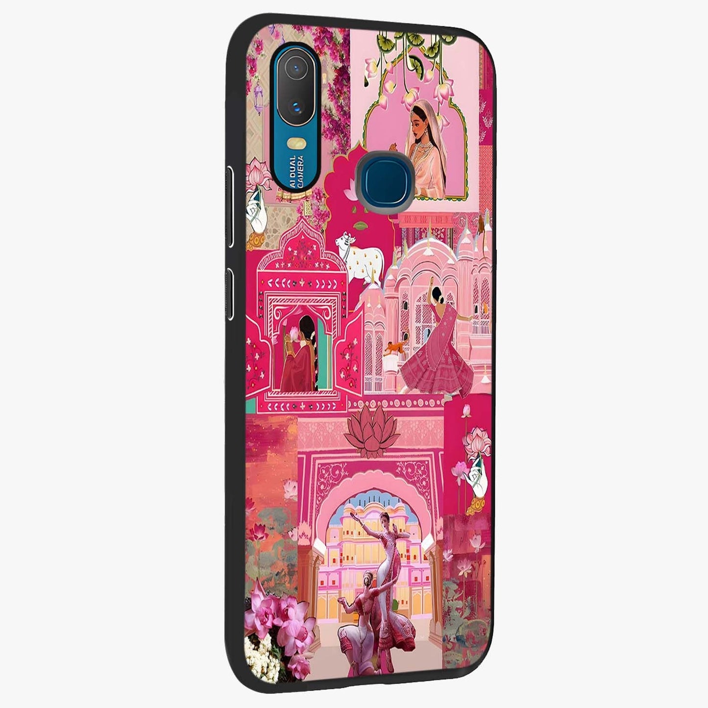 Blossoms of Rajasthan Glass Case upright view showcasing colorful floral design inspired by traditional Indian art.