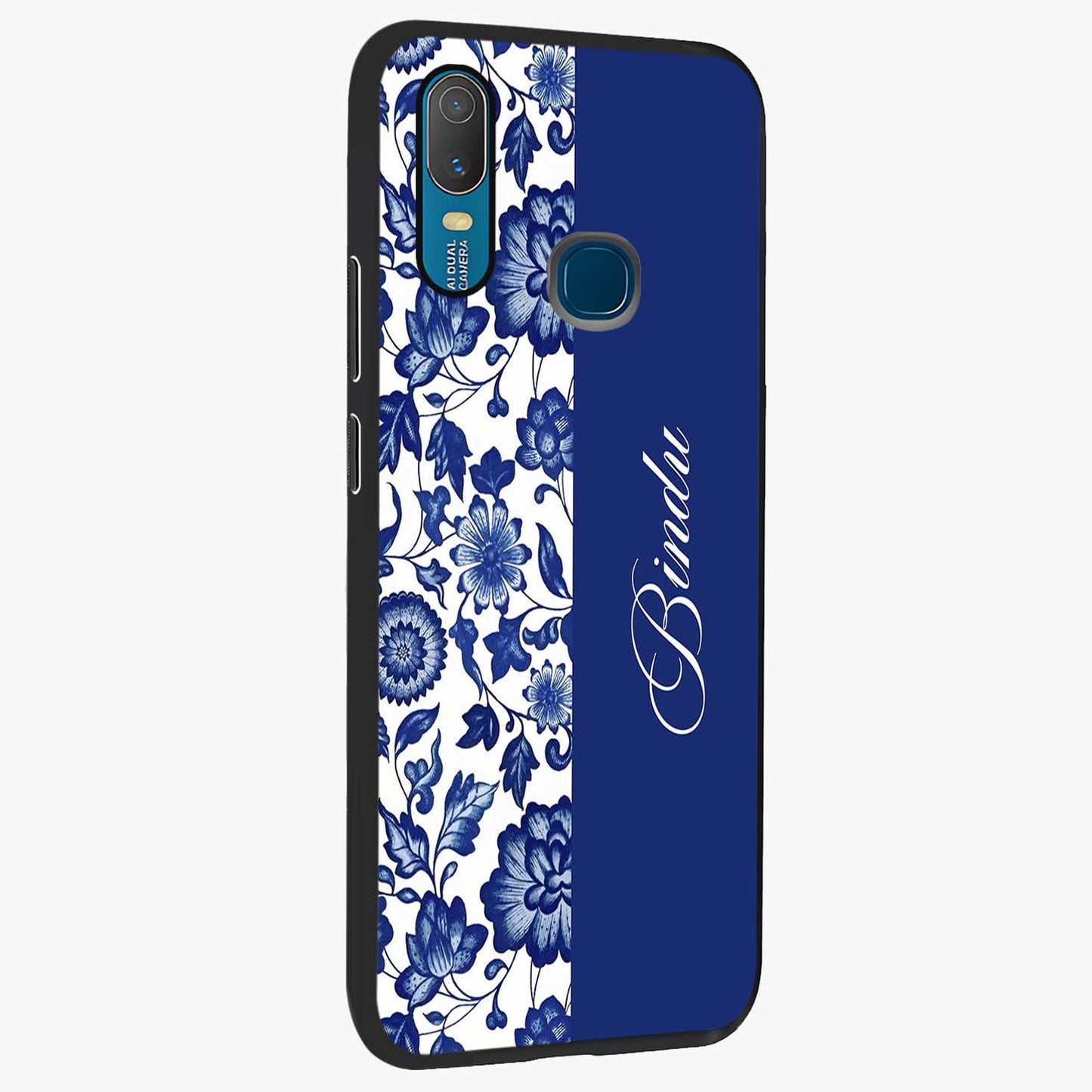 Blue Vintage Floral Pattern Glass Case upright view showcasing delicate blush floral texture with modern minimal style.