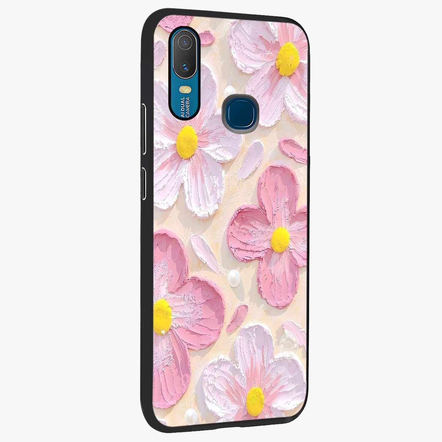 Blush Bloom Texture Glass Case upright view showcasing delicate blush floral texture with modern minimal style.