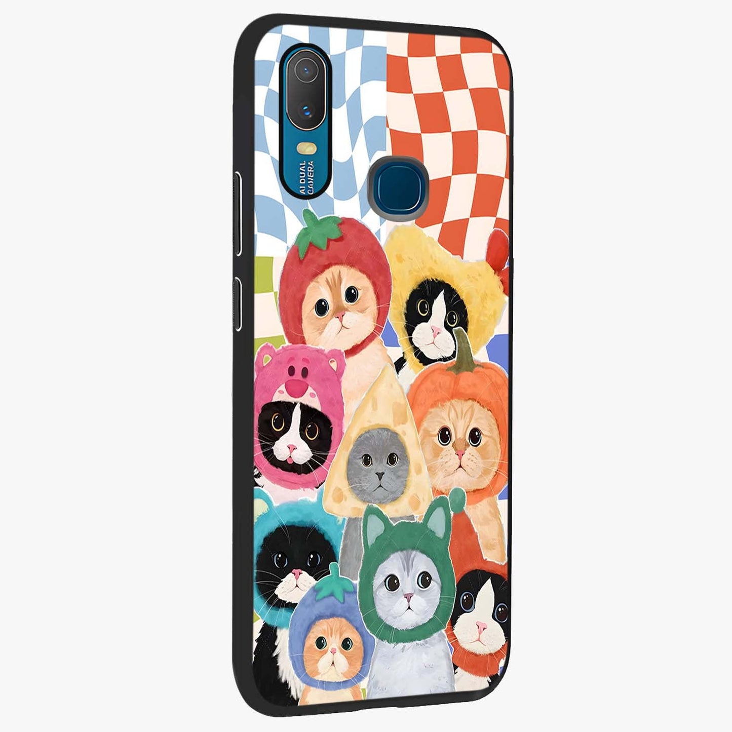 Cats in Fruits Glass Case upright view showcasing charming cat artwork with fun fruity theme.
