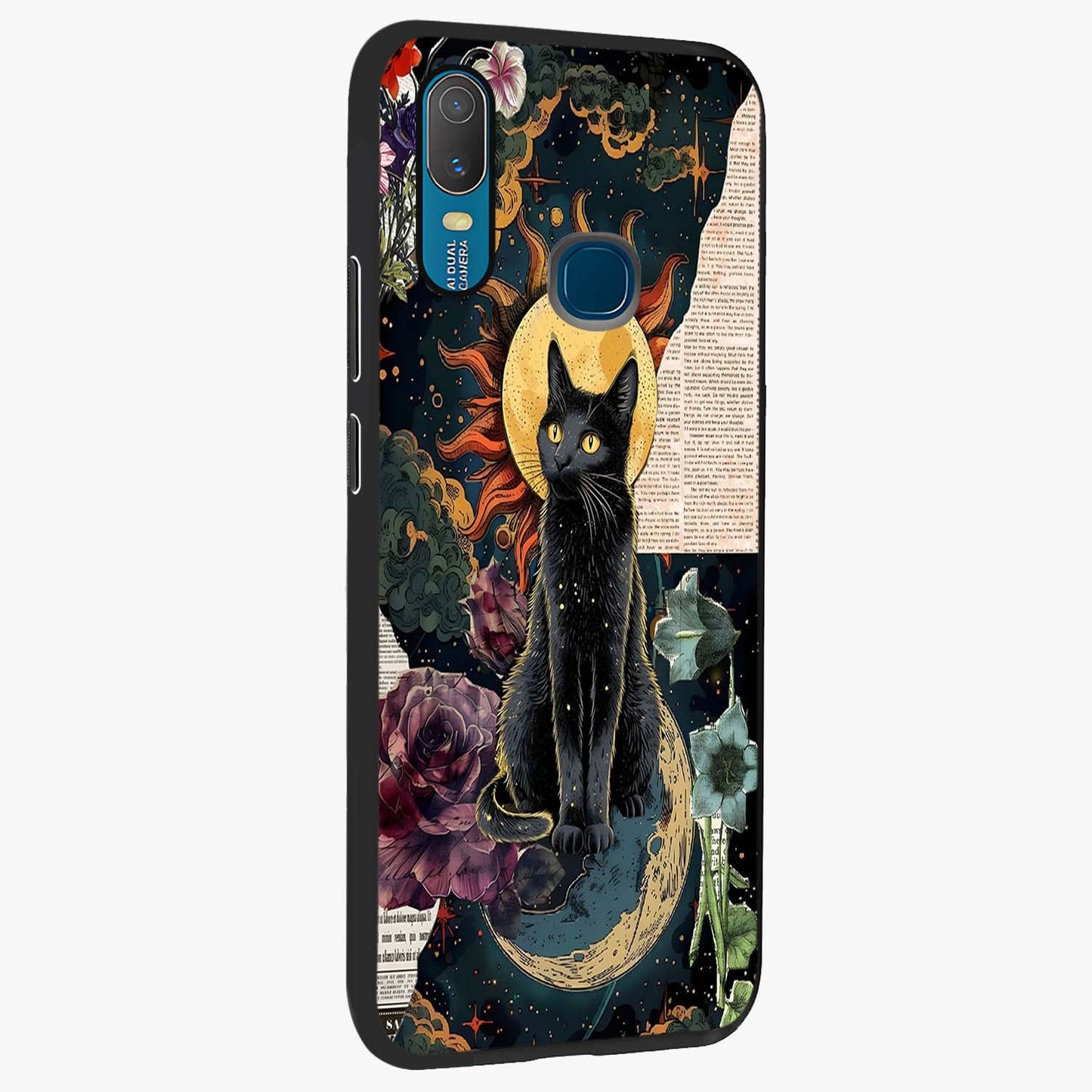 Celestial Black Cat Glass Case upright view showcasing magical black cat illustration with starry cosmic theme.