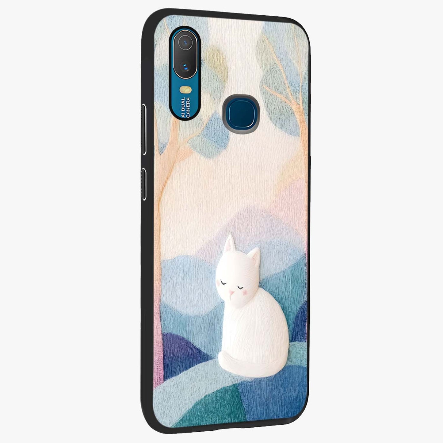 Cotton Dream Cat Glass Case upright view showcasing charming cat artwork with cozy dreamy theme.