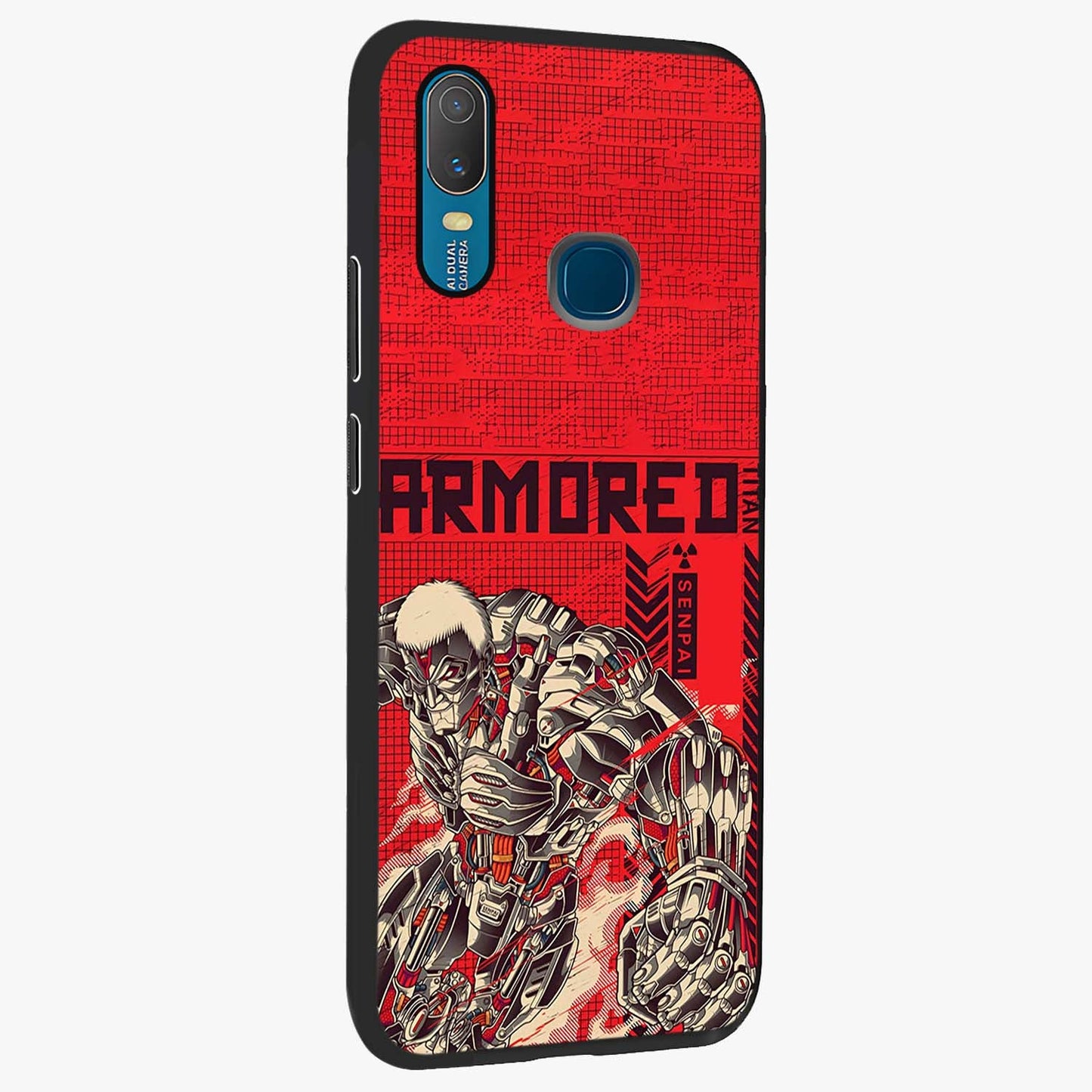 Crimson Mecha Titan Glass Case upright view showcasing dynamic robotic titan design with sci-fi inspired theme.