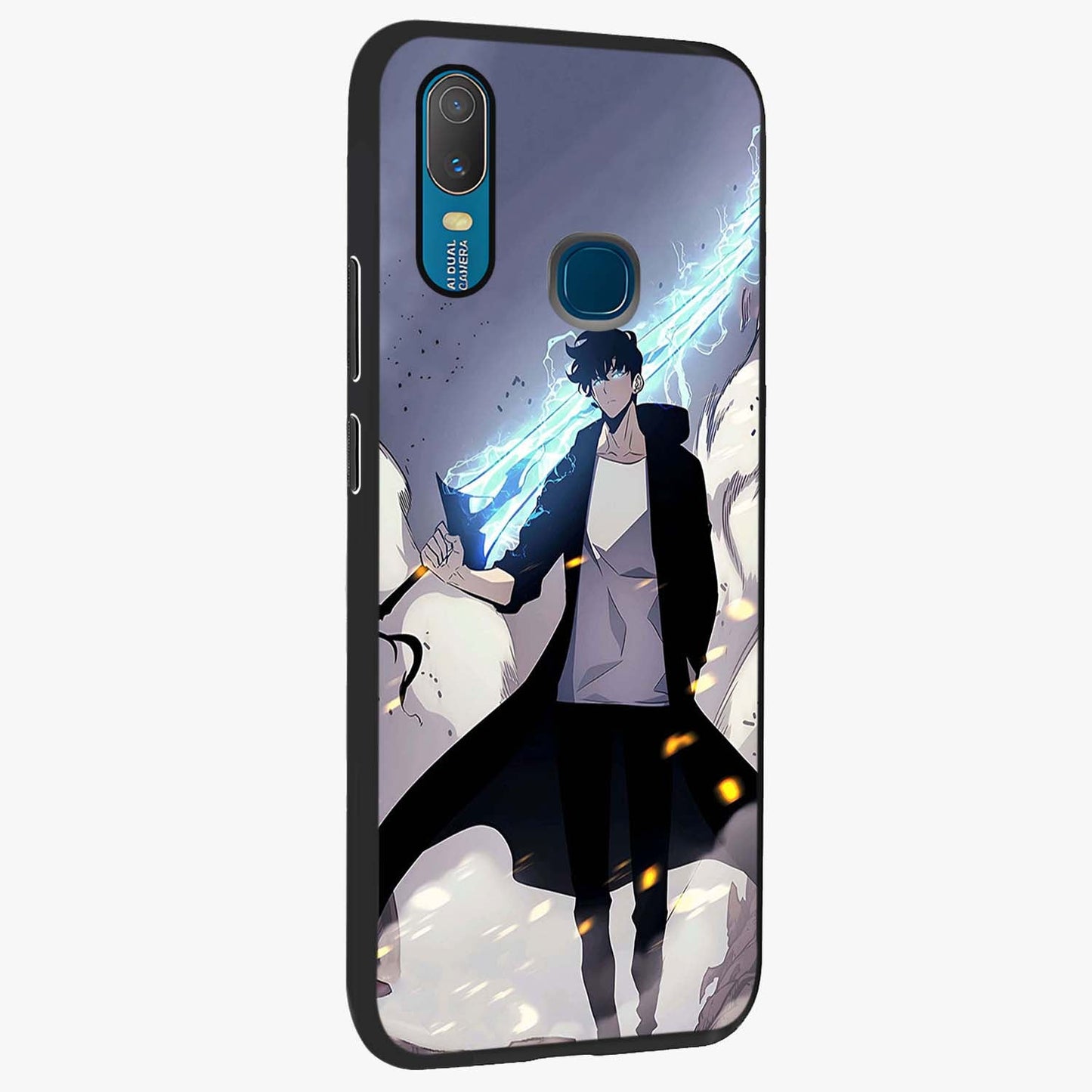 Dark Lightning Anime Warrior Glass Case upright view showcasing dramatic warrior artwork with dark lightning aesthetic.