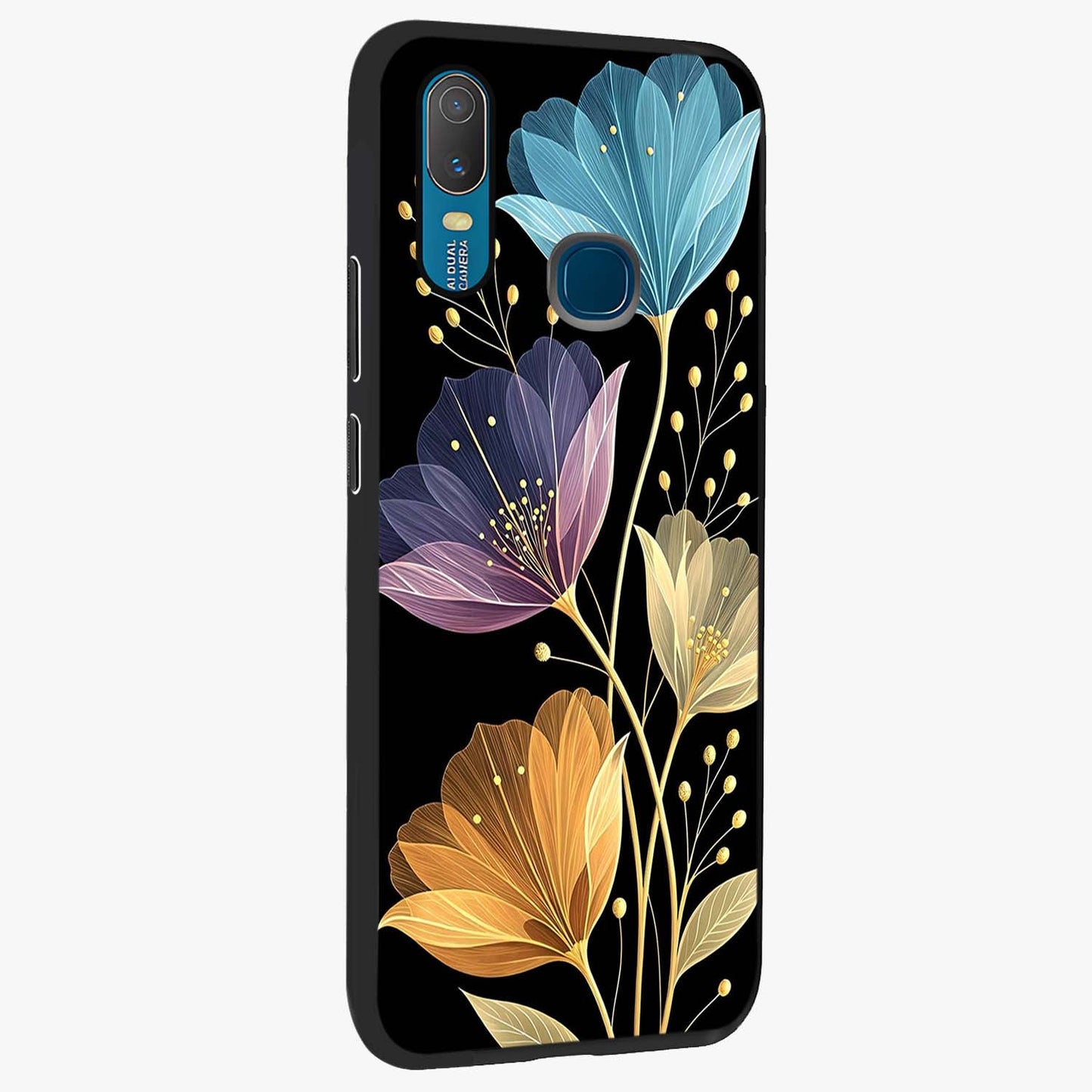 Delicate Multicolor Flowers Glass Case upright view showcasing delicate floral artwork with bright botanical theme.
