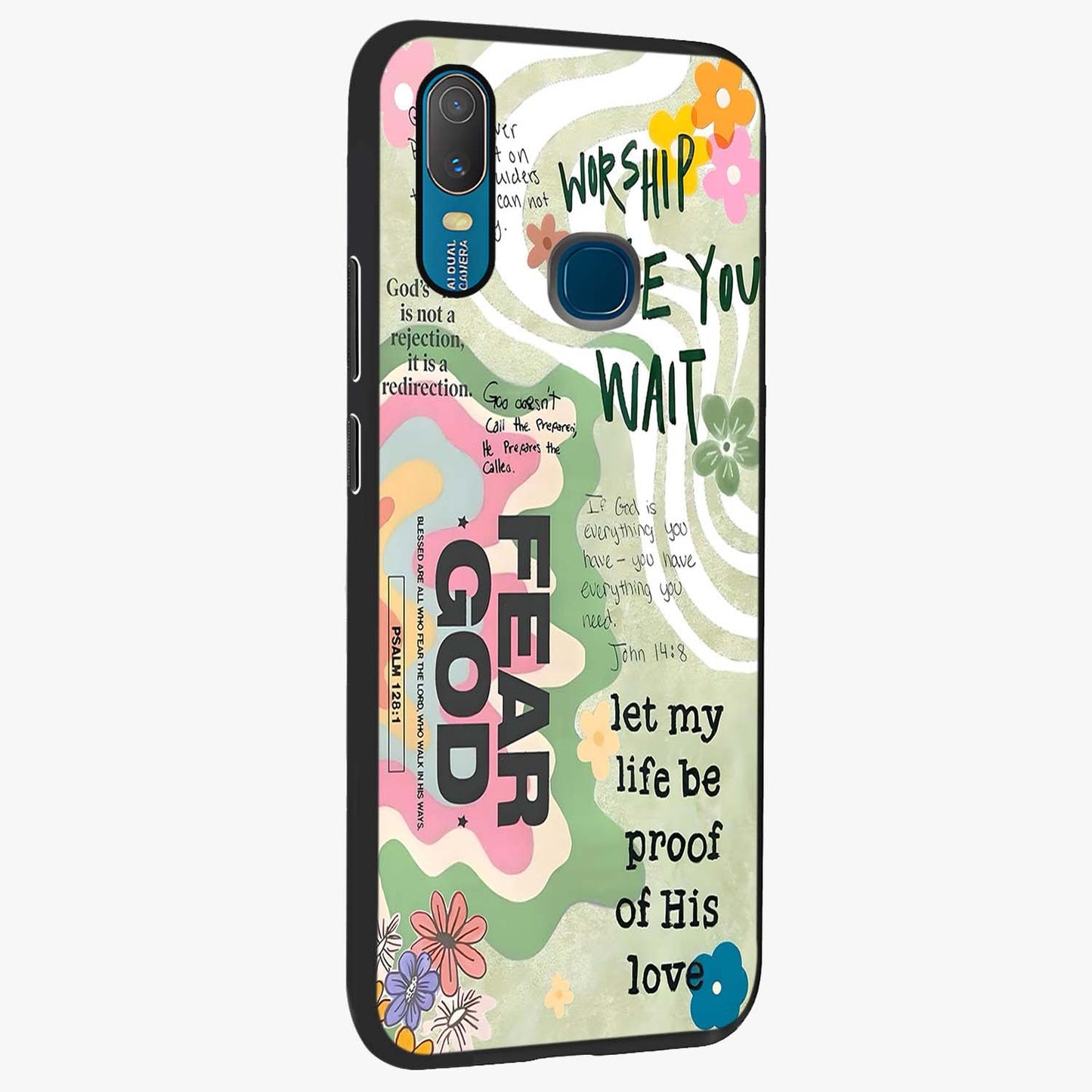 Faith Over Fear Glass Case upright view showcasing bold typography artwork with uplifting motivational theme.