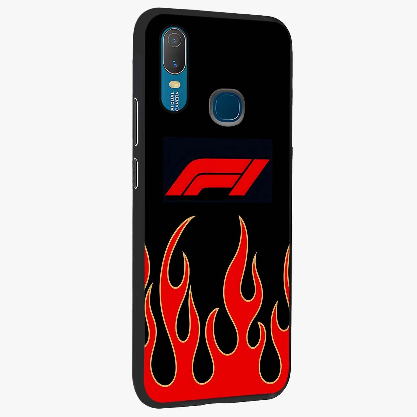 Fire F11 Glass Case upright view showcasing dynamic flame artwork with intense visual theme.