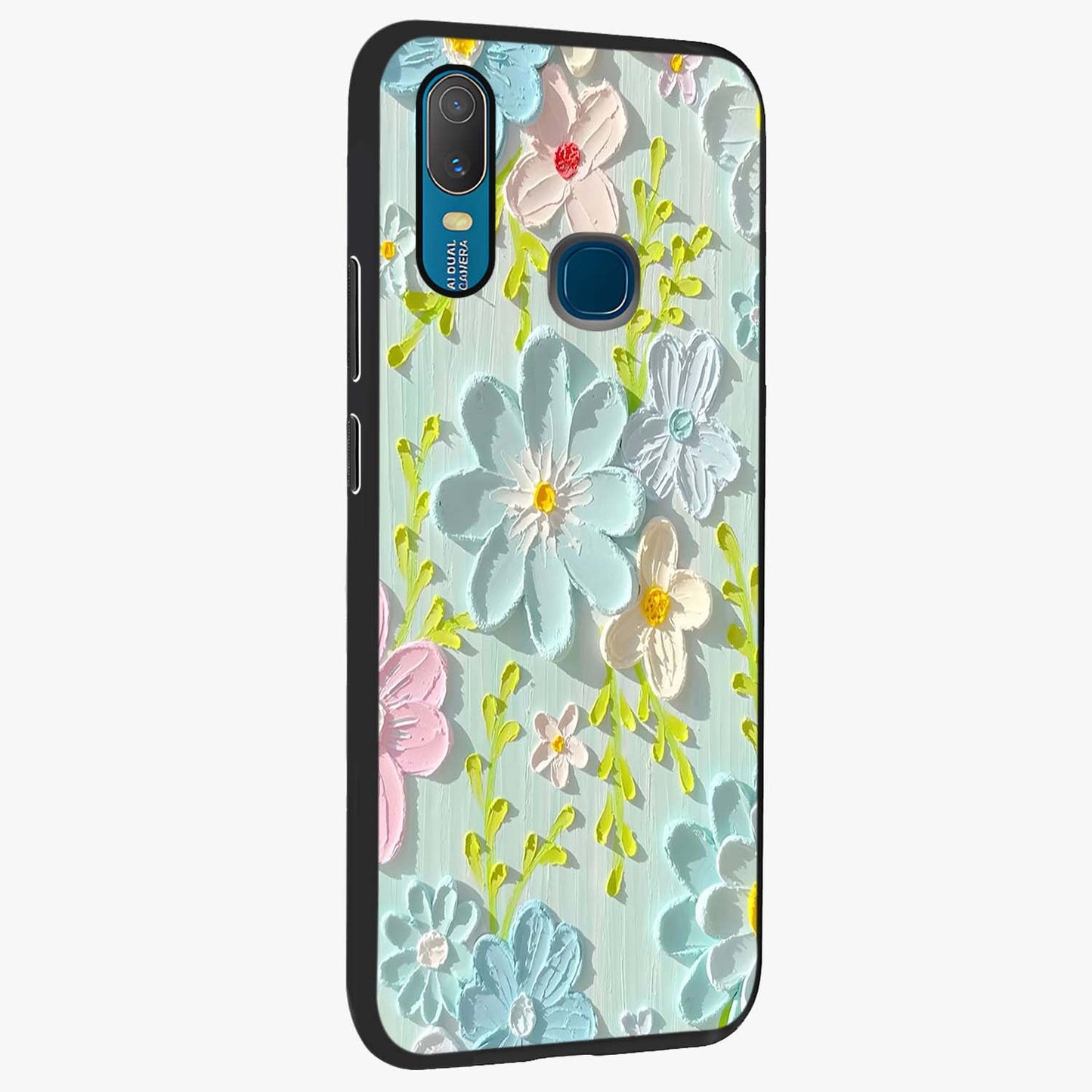 Frosted Petal Garden Glass Case upright view showcasing elegant floral garden artwork with soothing pastel theme.